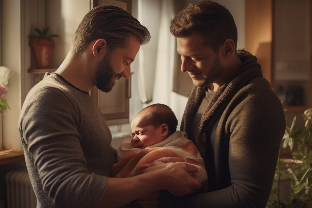 Two men, possibly brothers, smiling warmly while holding a newborn baby wrapped in a blanket, symbolizing paternity testing between siblings.