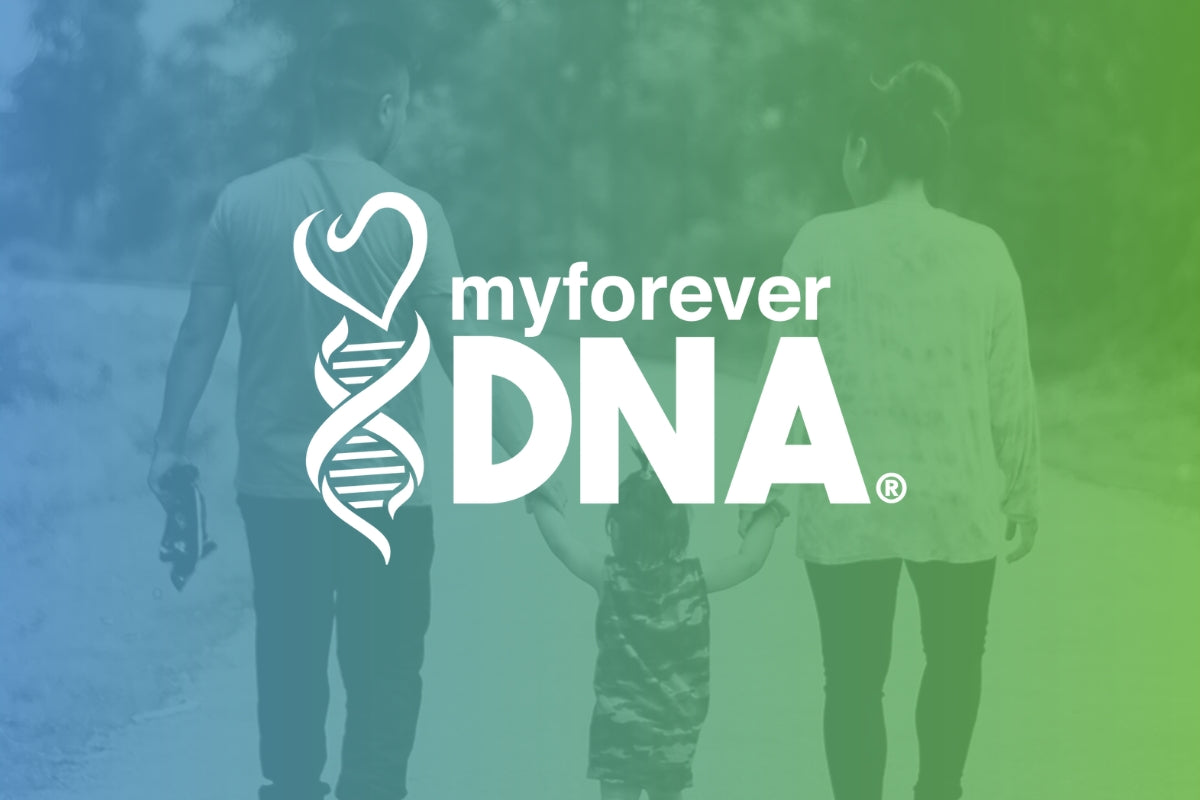 My Forever DNA logo over family walking hand in hand - symbolizing accurate, confidential home DNA testing.