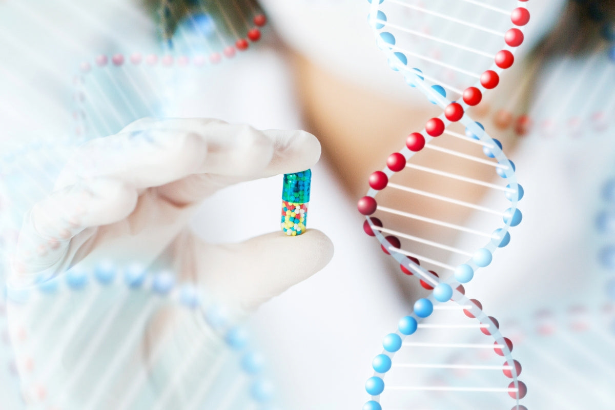 Scientist holding a DNA sample chip with digital DNA double helix strands in background - symbolizing advanced genetic testing.