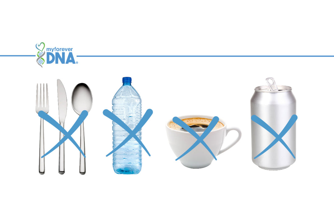 Image showing a fork, knife, spoon, plastic water bottle, coffee cup, and soda can - all with blue X marks - indicating they are not valid DNA sample sources.