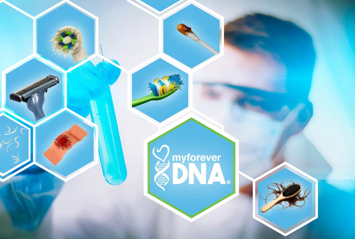 Icons of toothbrush, razor, nails, hair, bandage, and swab as alternative DNA samples.