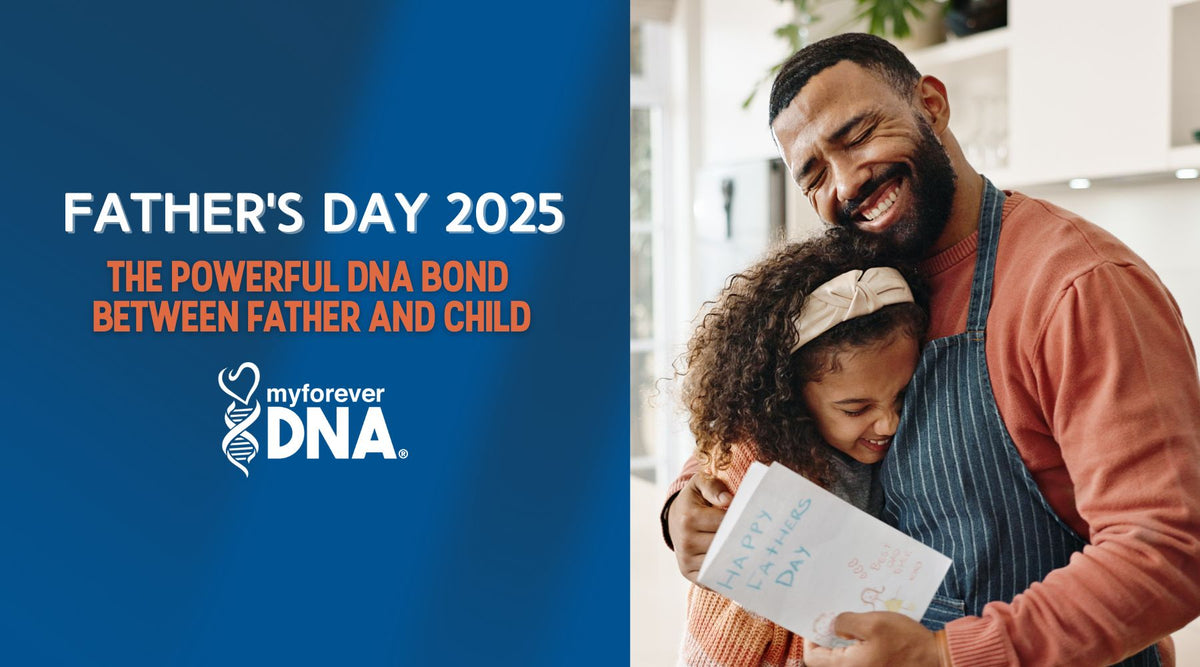 Father and daughter hugging joyfully in a kitchen while holding a handmade Happy Father’s Day card, symbolizing the emotional and biological bond confirmed through home paternity DNA testing by My Forever DNA.
