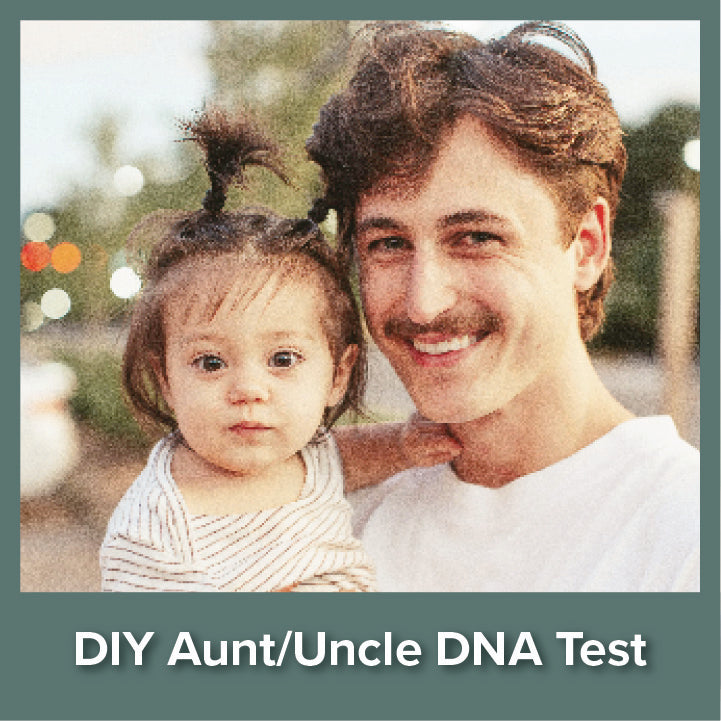 Smiling man holding toddler, representing My Forever DNA’s DIY Aunt/Uncle Test Kit for confirming biological family relationships at home.