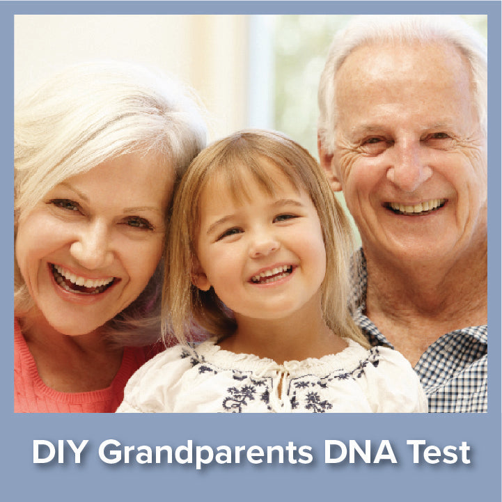 Smiling grandparents with child, representing My Forever DNA’s DIY test where you collect and send your own DNA samples for analysis.