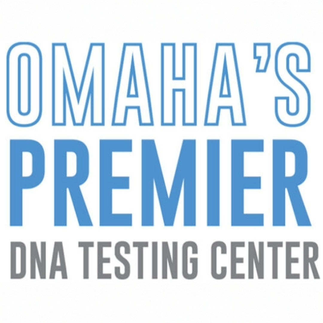 Logo for 'Omaha's Premier DNA Testing Center' with blue and gray text on a white background.