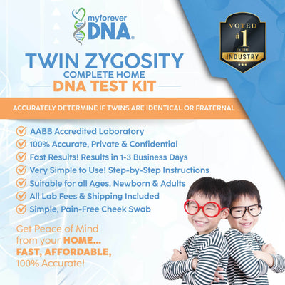 Features of My Forever DNA's Twin Zygosity  Home DNA Test Kit: AABB accredited, 100% accurate, fast results in 1-3 days, suitable for all ages, and includes all fees and shipping.