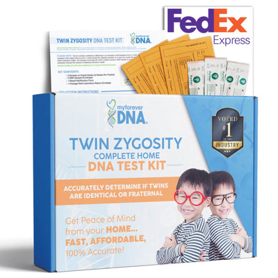Packaging of My Forever DNA's Twin Zygosity DNA Test Kit, featuring two smiling boys in striped shirts and glasses. The box promotes the kit as fast, affordable, and 100% accurate, ideal for determining if twins are identical or fraternal from home.