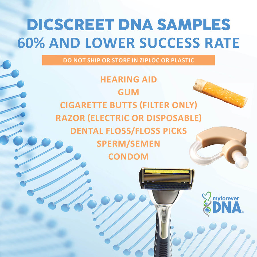 Discreet DNA sample options - gum, cigarette butts, razors, dental floss, condoms - offered by My Forever DNA for alternative DNA testing.