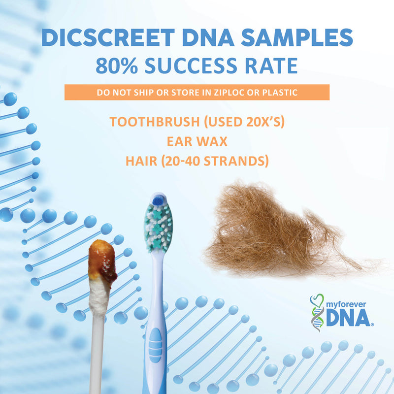 Discreet DNA sample options - used toothbrush, earwax, hairbrush, or hair follicles - offered by My Forever DNA.