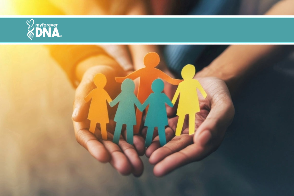 Hands holding paper cutouts of a family, symbolizing connection and DNA testing for adoptees My Forever DNA logo