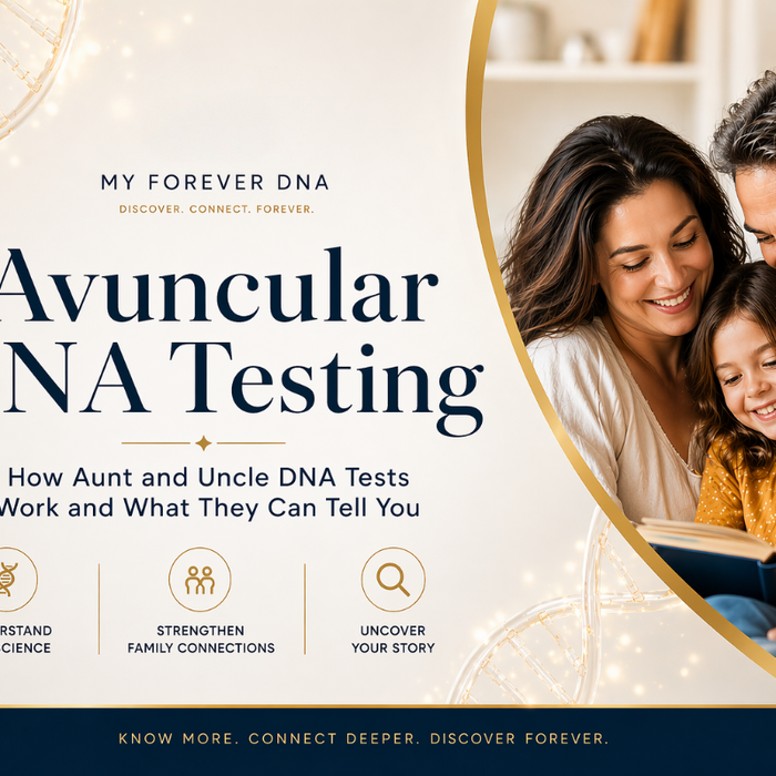Avuncular DNA testing blog header featuring aunt, uncle, and child reading together, representing at-home DNA testing for family relationship insights by My Forever DNA