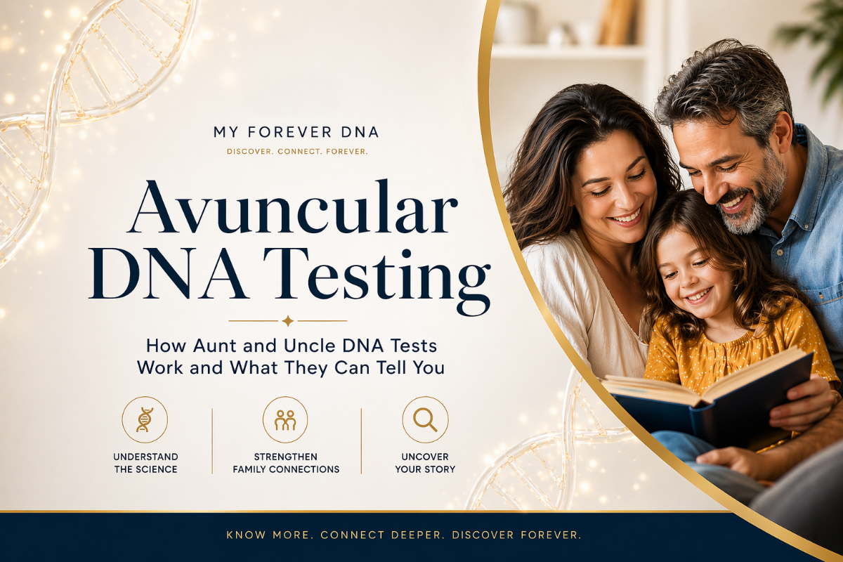 Avuncular DNA testing blog header featuring aunt, uncle, and child reading together, representing at-home DNA testing for family relationship insights by My Forever DNA