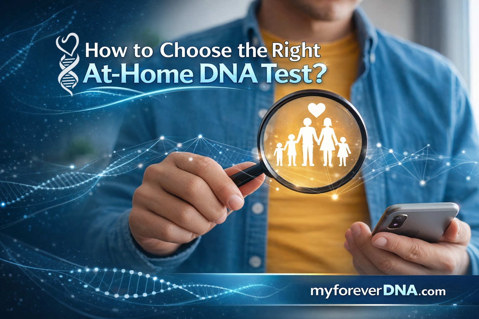 Person holding a magnifying glass over a family icon on a phone screen, representing choosing the right at-home DNA test.