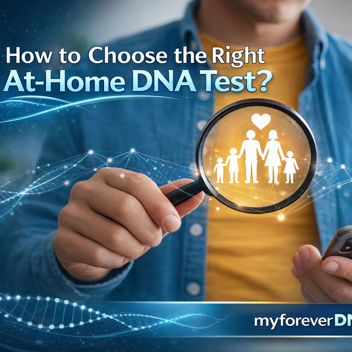 Person holding a magnifying glass over a family icon on a phone screen, representing choosing the right at-home DNA test.