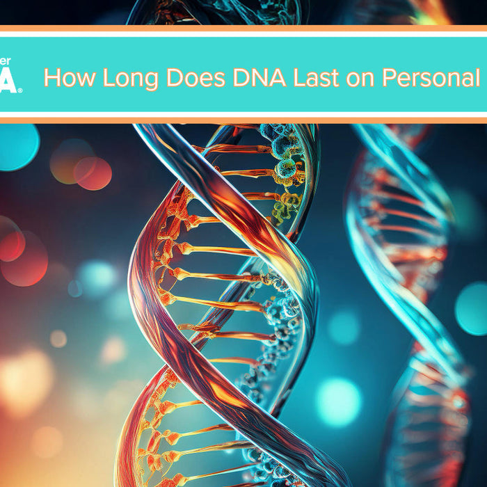 Colorful DNA double helix with glowing background and teal banner showing My Forever DNA logo and blog title on DNA sample lifespan.