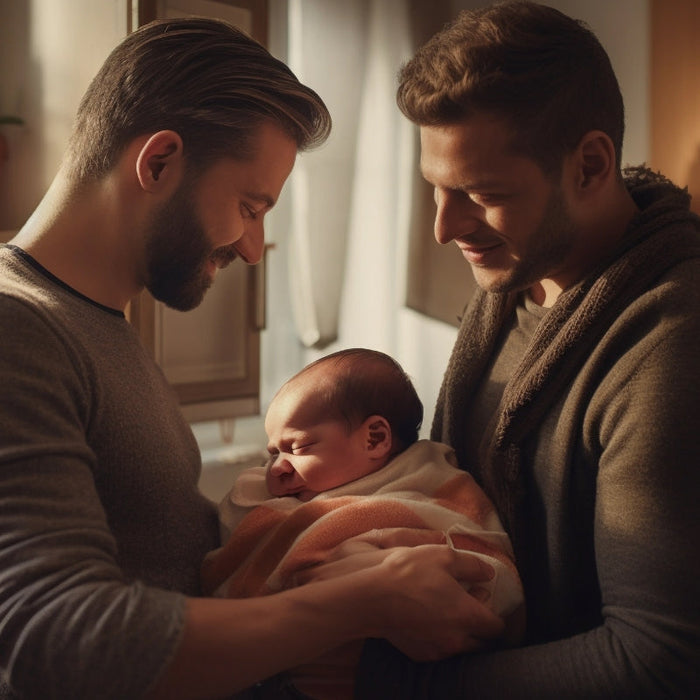 Two men, possibly brothers, smiling warmly while holding a newborn baby wrapped in a blanket, symbolizing paternity testing between siblings.