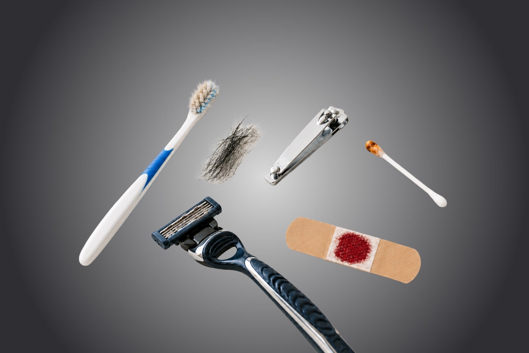 Discreet DNA testing samples including a toothbrush, hair, nail clippings, razor, cotton swab, and blood bandage.