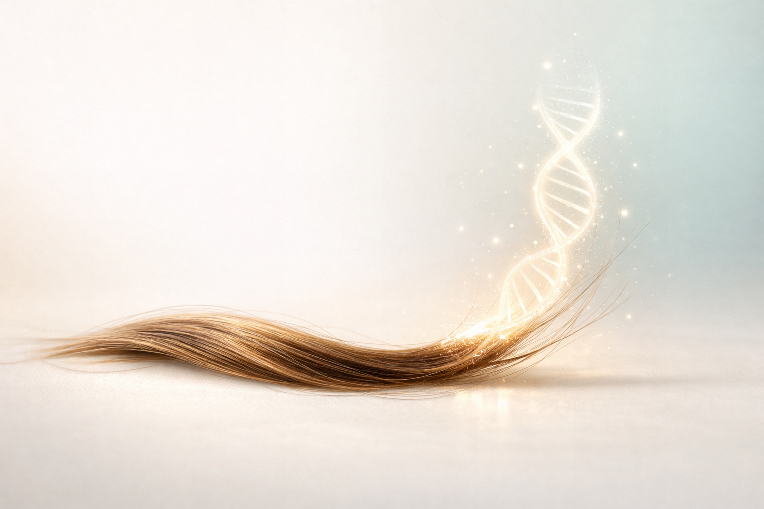 Hair DNA testing for paternity showing human hair strands with visible root transforming into glowing DNA helix symbolizing accurate at home DNA testing by My Forever DNA