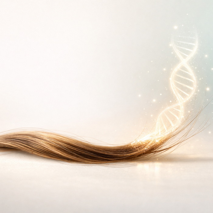 Hair DNA testing for paternity showing human hair strands with visible root transforming into glowing DNA helix symbolizing accurate at home DNA testing by My Forever DNA
