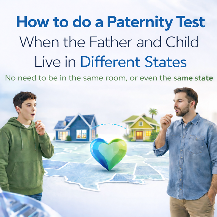 Father and child completing a paternity DNA test from different states using at home DNA test kits