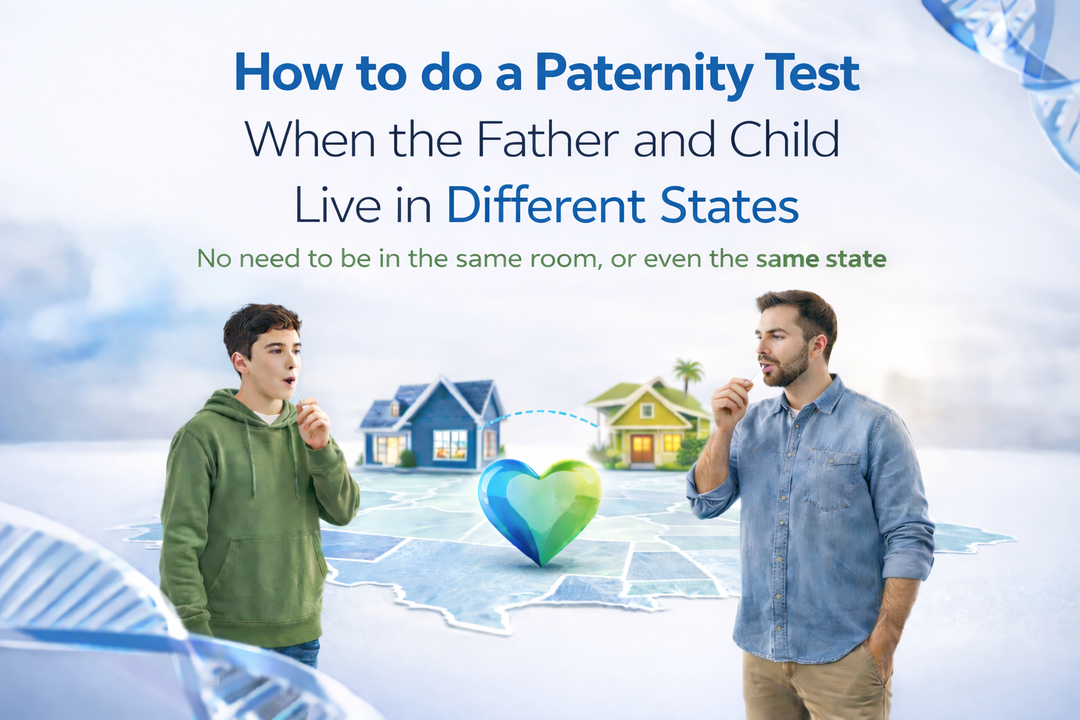 Father and child completing a paternity DNA test from different states using at home DNA test kits