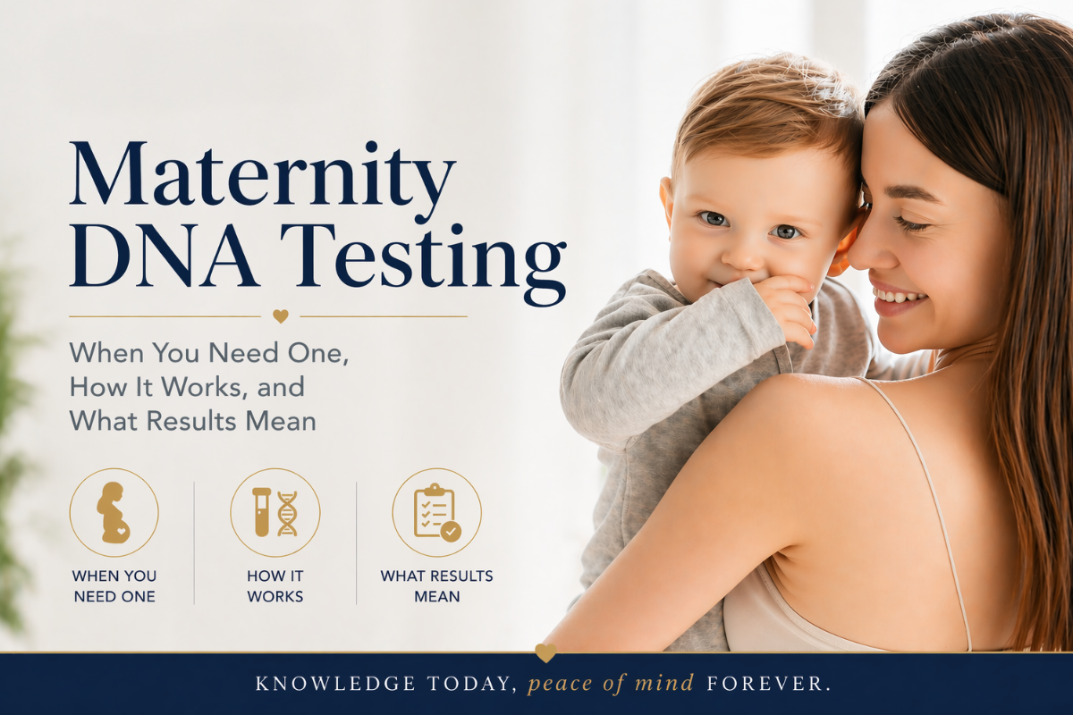 Maternity DNA testing blog header featuring a mother holding her baby, representing at-home DNA sample collection kit analyzed by an AABB-accredited U.S. laboratory for informational use