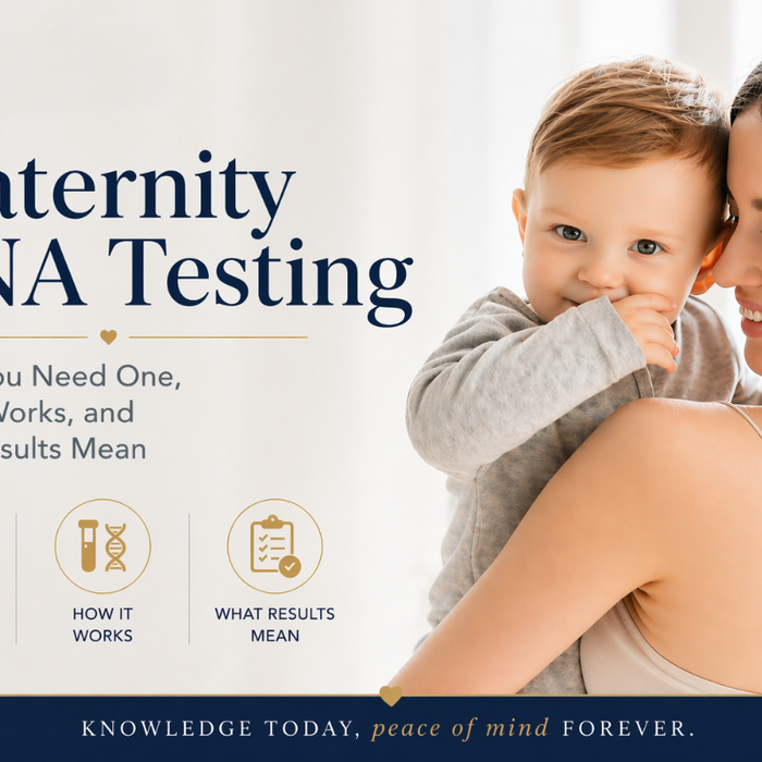 Maternity DNA testing blog header featuring a mother holding her baby, representing at-home DNA sample collection kit analyzed by an AABB-accredited U.S. laboratory for informational use