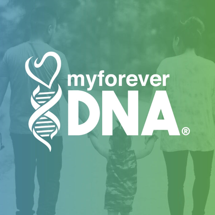 My Forever DNA logo over family walking hand in hand - symbolizing accurate, confidential home DNA testing.