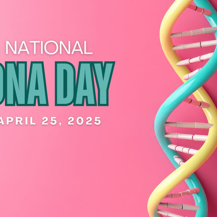 Pink background with a teal and yellow DNA helix. Text reads: National DNA Day April 25, 2025. Image by My Forever DNA.