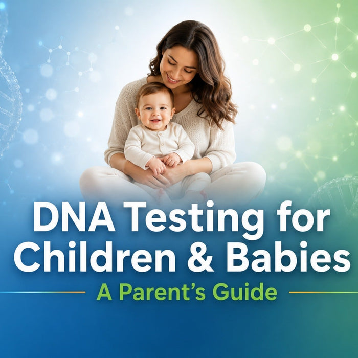 Mother holding baby with DNA graphics for My Forever DNA guide to DNA testing for children and babies.