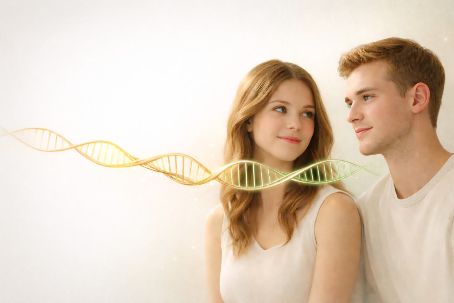 Two young adults with similar features sit together, representing siblings, with a glowing DNA strand between them symbolizing shared genetic connections used to determine full or half sibling relationships.