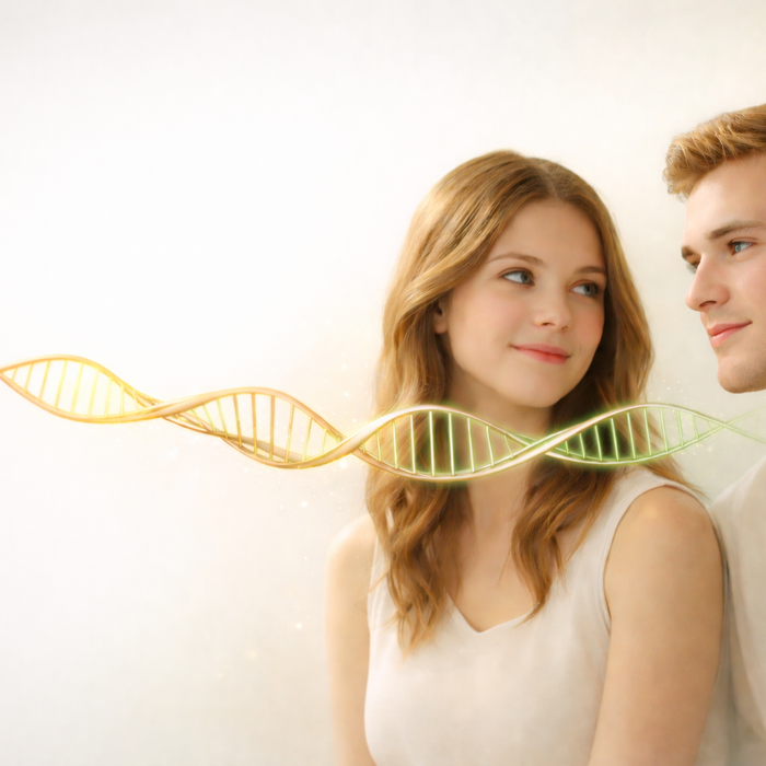 Two young adults with similar features sit together, representing siblings, with a glowing DNA strand between them symbolizing shared genetic connections used to determine full or half sibling relationships.