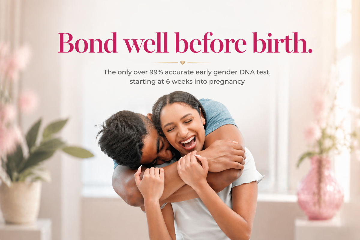 SneakPeek clinical early gender DNA test image featuring a happy couple embracing, highlighting over 99% accurate results starting at 6 weeks of pregnancy, My Forever DNA Omaha Nebraska