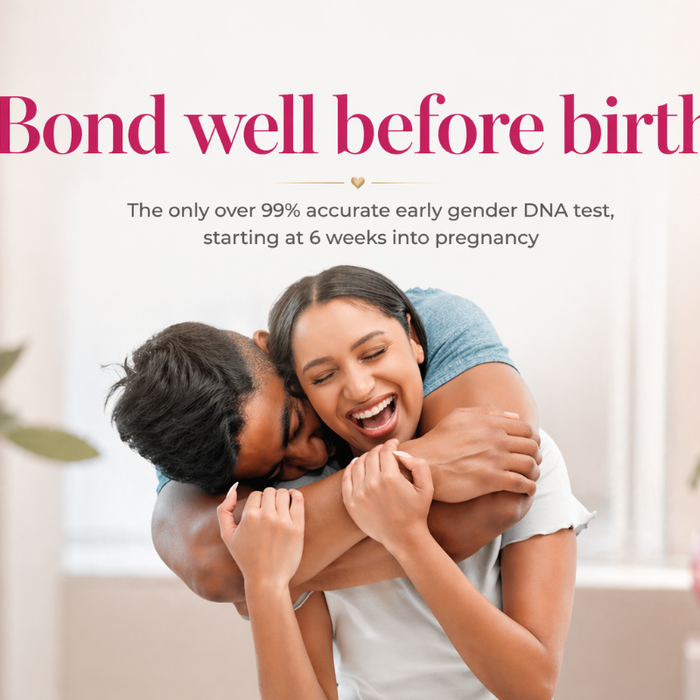 SneakPeek clinical early gender DNA test image featuring a happy couple embracing, highlighting over 99% accurate results starting at 6 weeks of pregnancy, My Forever DNA Omaha Nebraska