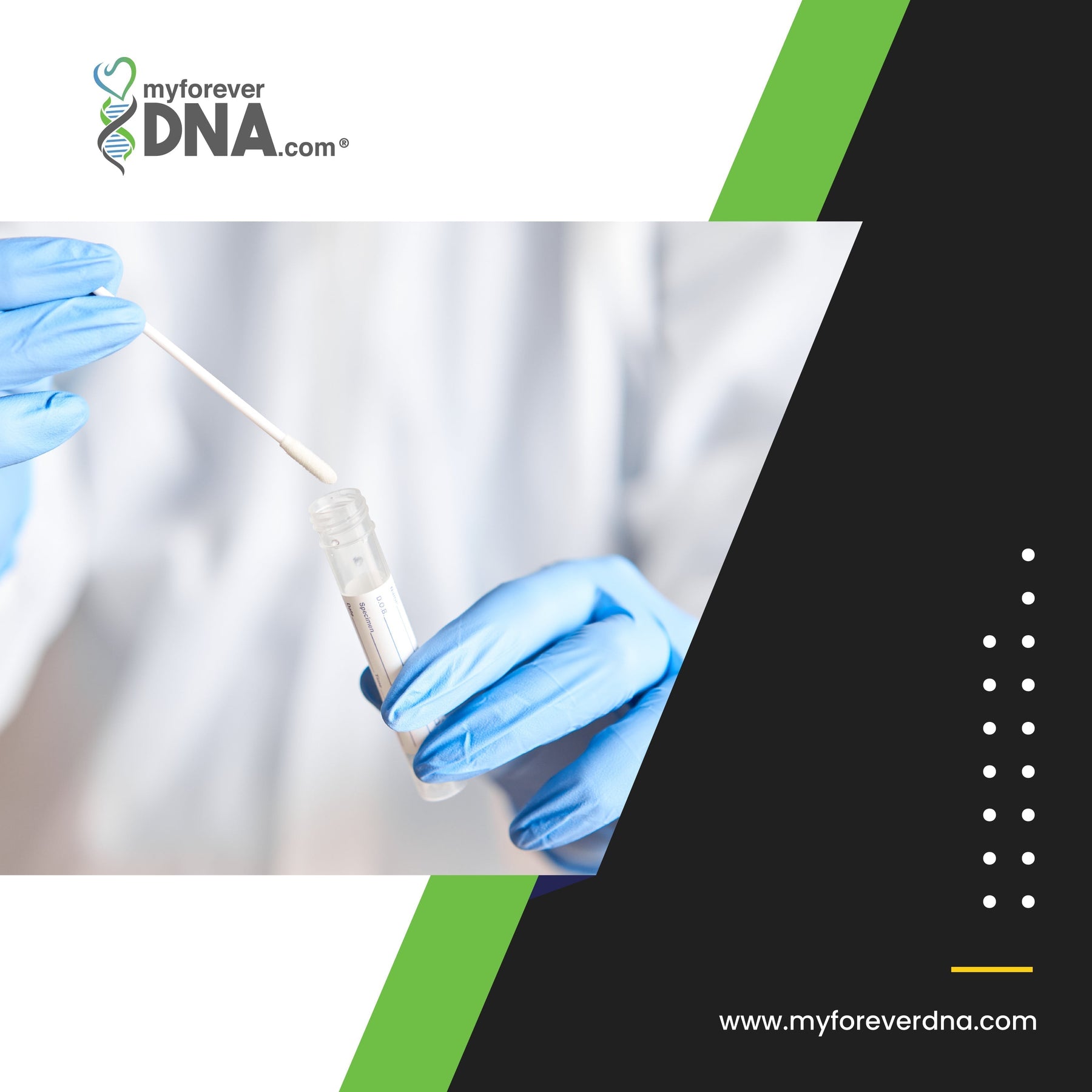 Laboratory technician wearing blue gloves preparing a DNA cheek swab sample for testing, My Forever DNA