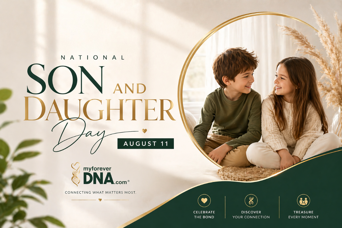 Luxury National Son and Daughter Day blog header featuring smiling brother and sister, elegant typography, and My Forever DNA branding in a premium editorial design