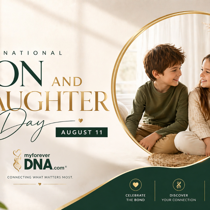 Luxury National Son and Daughter Day blog header featuring smiling brother and sister, elegant typography, and My Forever DNA branding in a premium editorial design