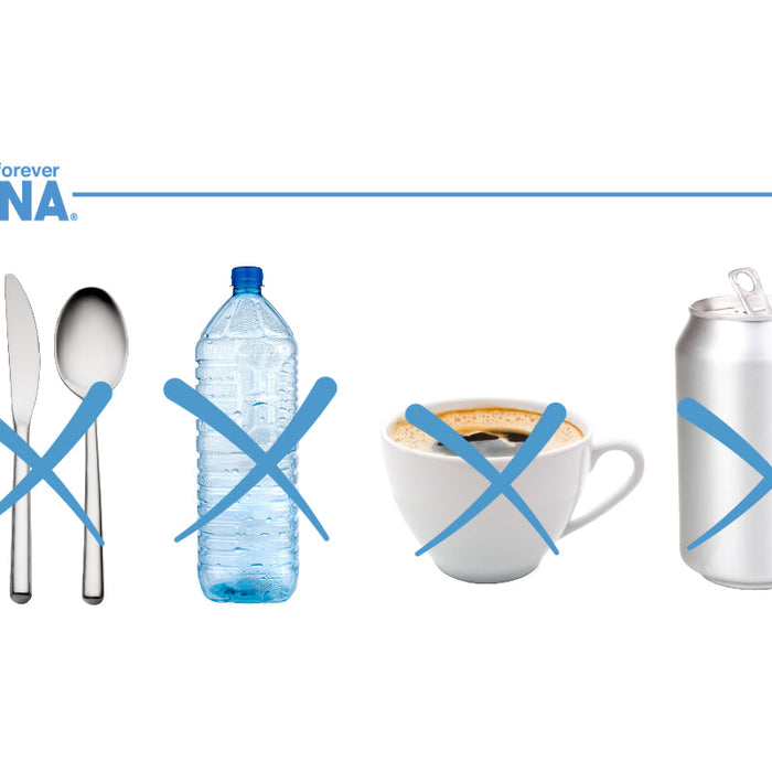 Image shows utensils, a water bottle, a coffee cup, and a soda can with blue Xs, indicating they should not be used for DNA collection.