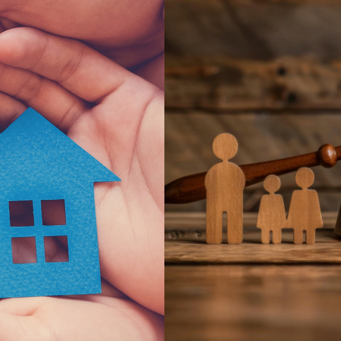 A split image contrasting a blue paper house in hands, symbolizing at-home DNA tests, and wooden figures with a gavel, representing legal DNA tests, as discussed in My Forever DNA's guide on DNA testing differences.