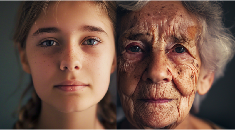 Close-up split image contrasting a young girl with freckles and an elderly woman, highlighting generational links explored through My Forever DNA's grandparent DNA testing services