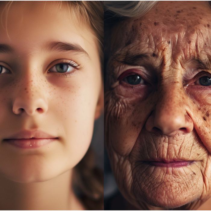 Close-up split image contrasting a young girl with freckles and an elderly woman, highlighting generational links explored through My Forever DNA's grandparent DNA testing services