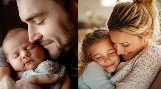 Split image of a father kissing his newborn and a mother embracing her daughter, illustrating the unique connections analyzed in My Forever DNA's guide on paternity versus maternity DNA tests.