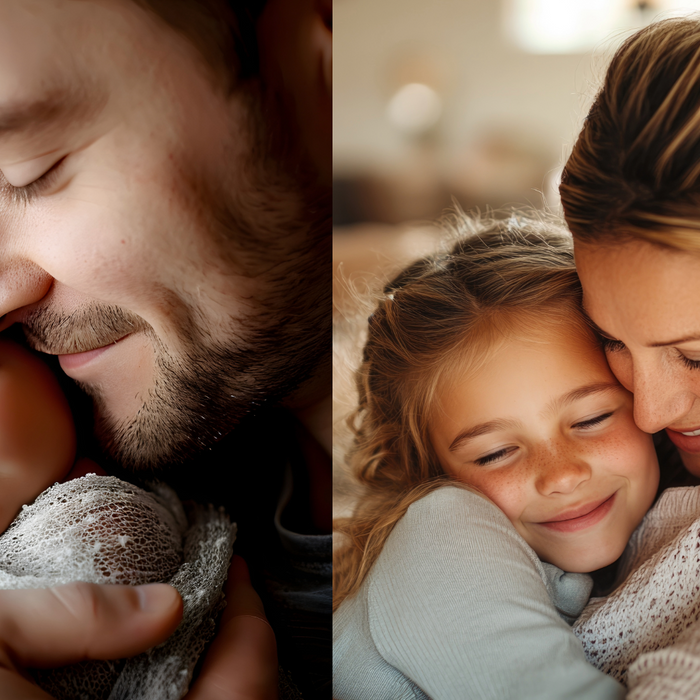 Split image of a father kissing his newborn and a mother embracing her daughter, illustrating the unique connections analyzed in My Forever DNA's guide on paternity versus maternity DNA tests.