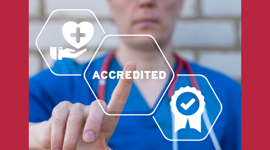 A healthcare professional in blue scrubs engages a digital "ACCREDITED" button, against a red backdrop with a trust badge, highlighting My Forever DNA’s top accreditation and accurate, reliable DNA testing results.