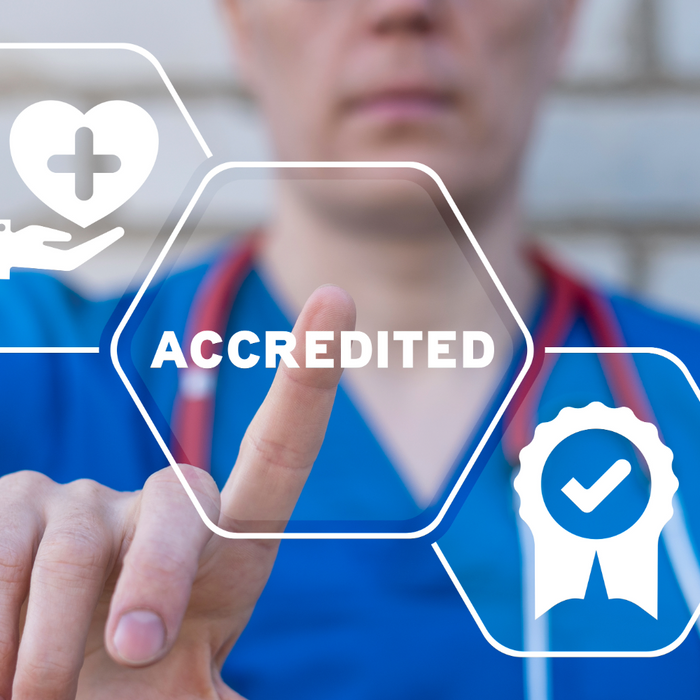 A healthcare professional in blue scrubs engages a digital "ACCREDITED" button, against a red backdrop with a trust badge, highlighting My Forever DNA’s top accreditation and accurate, reliable DNA testing results.