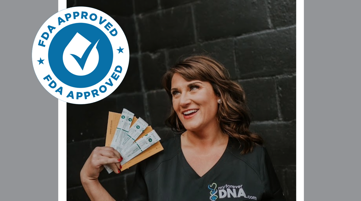 Smiling woman holding DNA test supplies, wearing a My Forever DNA shirt, with an FDA-approved badge overlay. Highlights the importance of using FDA-approved materials for accurate and reliable DNA testing.