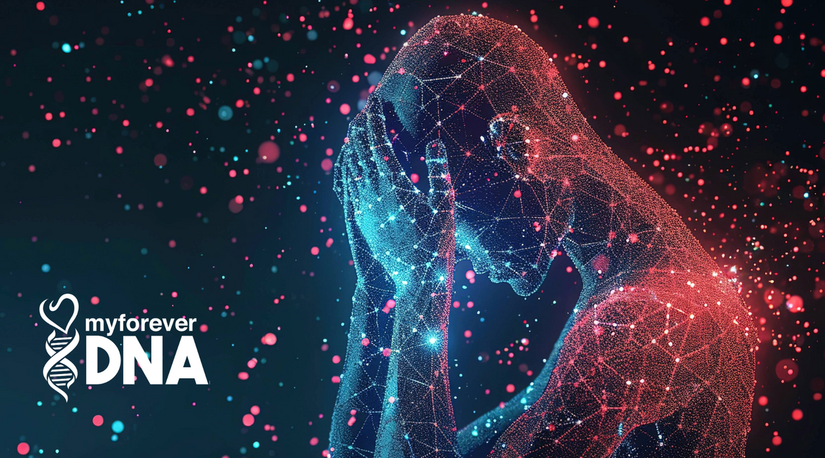 Digital illustration of a human figure with a stressed pose, represented by interconnected DNA-like networks and glowing particles, symbolizing the impact of stress on DNA and overall health.
