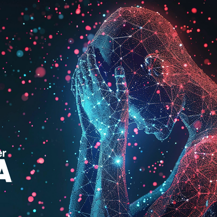 Digital illustration of a human figure with a stressed pose, represented by interconnected DNA-like networks and glowing particles, symbolizing the impact of stress on DNA and overall health.