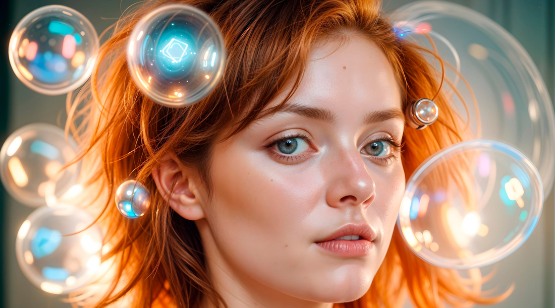 Woman with red hair and blue eyes, surrounded by glowing DNA-inspired bubbles, symbolizing genetic traits and individuality through DNA testing.