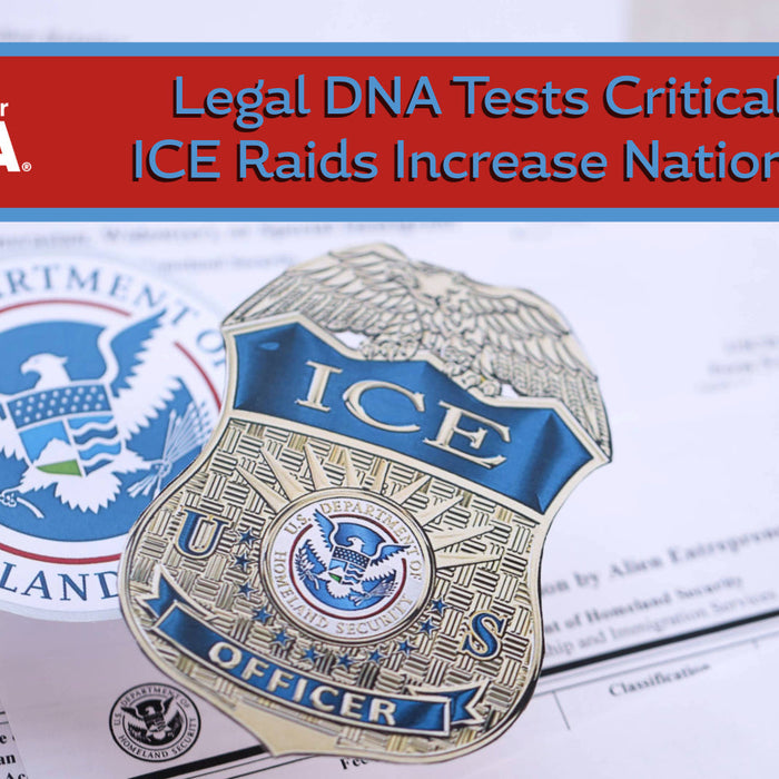 Legal DNA Tests Critical as ICE Raids Increase Nationwide." It features the My Forever DNA logo, an ICE officer badge, a Department of Homeland Security seal, and immigration documents in the background.